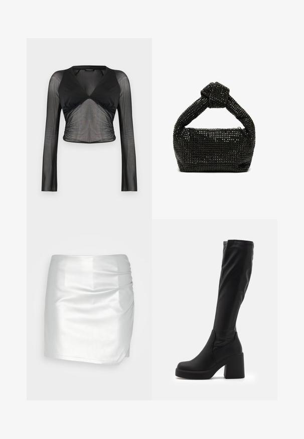 Sort langærmet crop-top med gennemsigtige mesh-ærmer og mellemrumssektion, solid v-udskæring på overdelen og rynkede detaljer ved taljen.; Even&Odd Shorts - silver; Sorte knæhøje støvler lavet af glat syntetisk materiale, med en tyk blokhæl og strømlinet design med elastisk top.; Sort perlehandtaske med en knyttet hank, der har en rektangulær form og en struktureret overflade dekoreret med små, blanke perler.