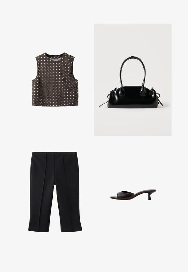 Haut court marron sans manches à pois blancs, encolure ronde, avec trois boutons décoratifs sur l'épaule gauche.; Pantalon noir court avec deux plis avant, texture lisse et fermeture éclair latérale. Design sur mesure, sans motifs visibles.; Sandale mule noire à bout ouvert avec un talon bas courbé et une tige en cuir lisse sur fond blanc.; Petit sac à main noir brillant avec deux longues anses et des détails à cordon sur les côtés sur un fond clair uni.