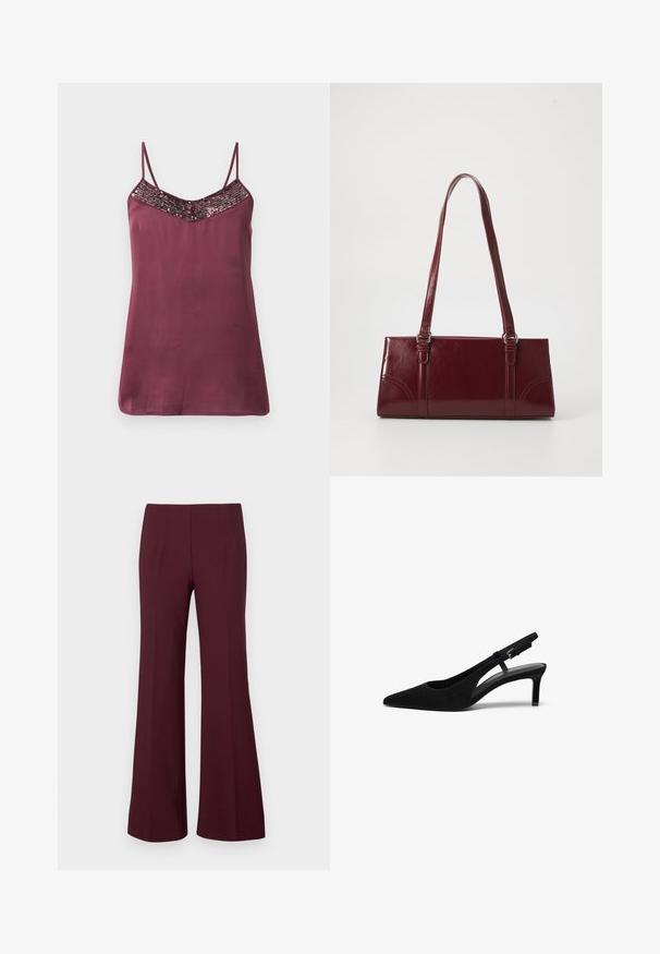 Camisola de satén burdeos con tirantes finos ajustables y un escote en forma de V adornado con lentejuelas. Textura suave, con un corte holgado.; Pantalones acampanados de talle alto en burdeos, con pinzas delanteras y un corte entallado, exhibidos sobre un fondo blanco.; Zapato slingback de ante negro con punta afilada, tacón bajo, lado abierto y correa ajustable con hebilla de metal. Textura suave.; Bolso burdeos hecho de material brillante, de forma rectangular, con dos asas para el hombro y sutiles acentos curvados en la parte frontal.