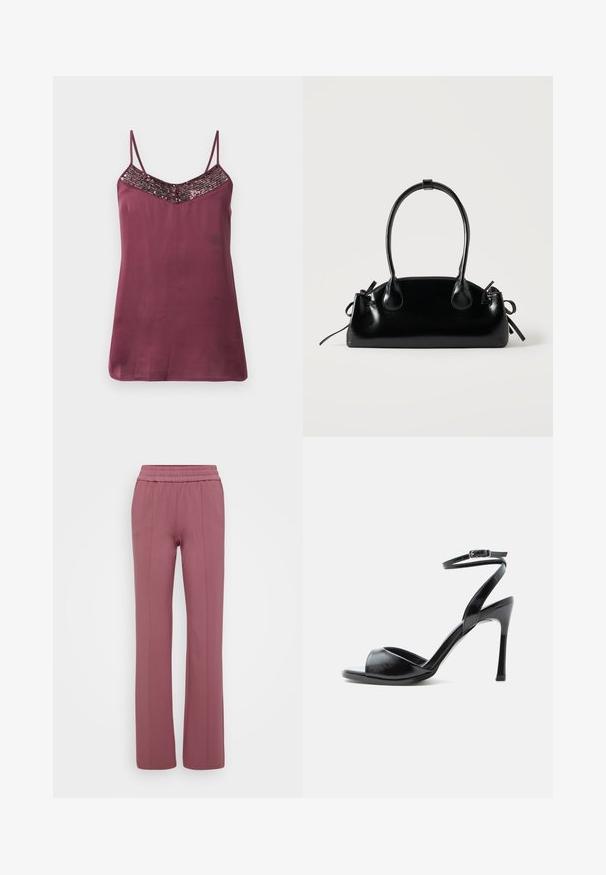 Burgunder satin camisole med justerbare tynde stropper og en V-formet halsudskæring pyntet med perler. Glat tekstur med en løs pasform.; Lyse mauve lige bukser med elastisk talje. Fremstillet af blødt materiale og med lodrette syninger for et skræddersyet udseende.; Sort højhælet sandal med åben tå, tynd stilethæl og ankelrem med spænde på hvid baggrund.; Lille sort blank håndtaske med to lange håndtag og snøre-detaljer i siden på en ensfarvet lys baggrund.
