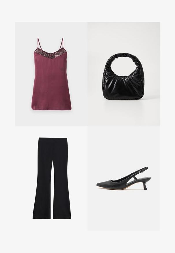 Camisola de satén burdeos con tirantes finos ajustables y un escote en forma de V adornado con lentejuelas. Textura suave, con un corte holgado.; Pantalones acampanados negros hechos de una tela suave y elástica; cuentan con una cinturilla lisa y un diseño de pierna ancha; acabado sin costuras en todo.; Zapato slingback de piel negra con punta afilada, tacón bajo tipo bloque, detalle en los laterales recortados y correa ajustable en el tobillo. Textura suave en toda la superficie.; Bolso negro acolchado con un asa redondeada, que presenta una superficie lisa y brillante y una textura suave y acolchada. Sin herrajes ni acentos visibles.