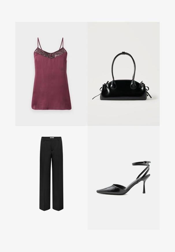 Camisole en satin bourgogne avec des bretelles fines ajustables et un décolleté en V orné de sequins. Texture lisse, avec une coupe ample.; Pantalons larges noirs en tissu lisse, dotés d'une taille, de poches avant et d'une coupe ajustée. Pas de motifs ni d'accents visibles.; Escarpin noir à bout pointu avec fines brides de cheville et fermeture à boucle argentée sur fond clair uni.; Petit sac à main noir brillant avec deux longues anses et des détails à cordon sur les côtés sur un fond clair uni.