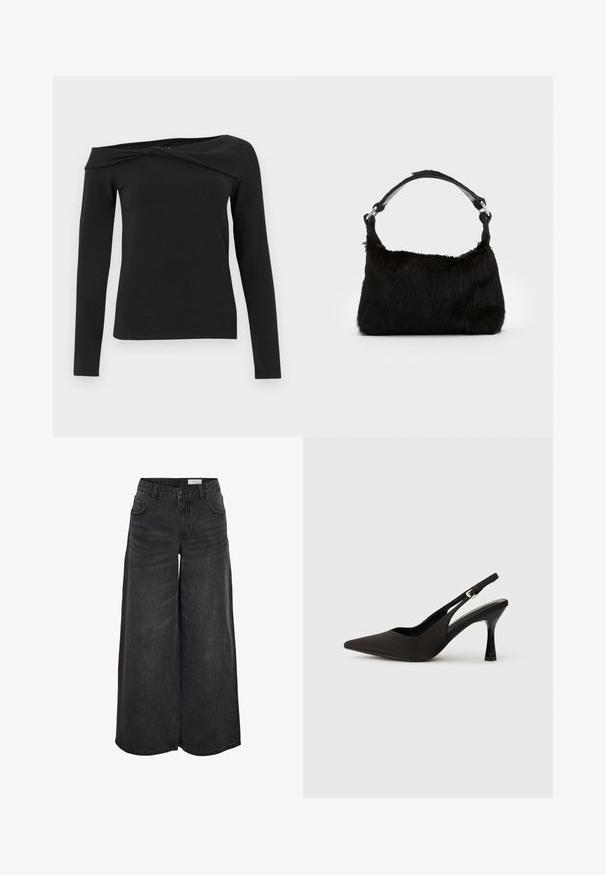 Sort langærmet off-shoulder top med detaljer ved den snoede halsudskæring, tætsiddende pasform, vist mod en ensartet hvid baggrund.; Bredde ben sorte denimshorts med høj talje, forlommer og subtil tekstur; designet til en afslappet pasform.; Sorte slingback hæle med spids tå, glat mat finish og en slank, blank hæl. Justerbar rem med lille spænde detaljer.; Sort faux fur håndtaske med en blød tekstur, rund form og en robust skulderrem i sort læder. Synlige sølvhardware-detaljer.