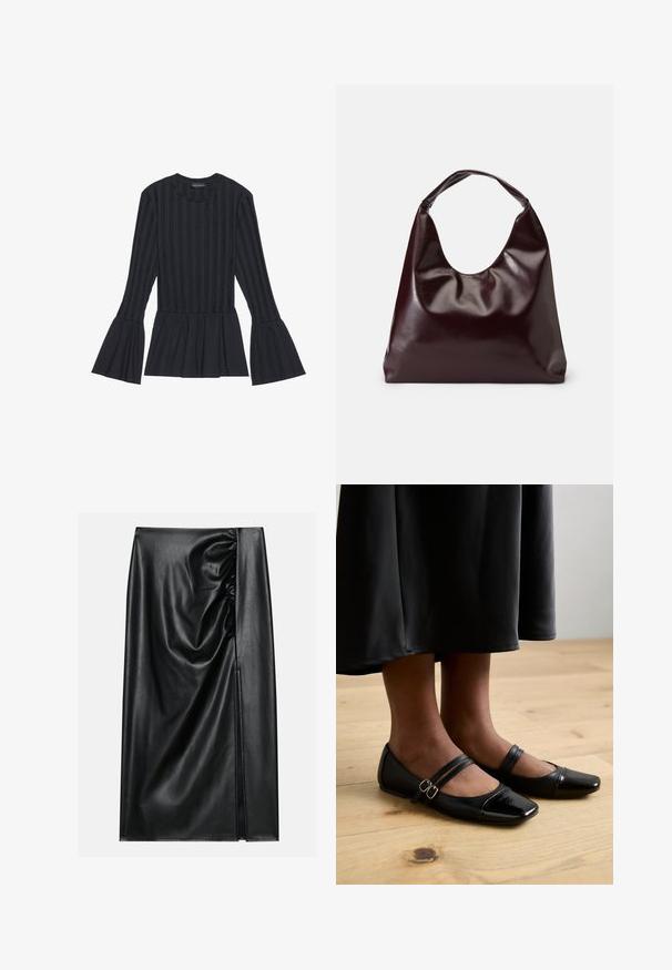 Haut noir à manches longues avec des rayures verticales et des manches évasées. Il présente une silhouette peplum et un tissu doux avec une texture.; Jupe en cuir noir avec une texture lisse, présentant une section froncée sur un côté et une fente sur le côté pour un détail supplémentaire.; Ballerines en cuir verni noir avec un bout carré, comportant deux brides avec boucles. Les semelles sont plates sur un sol en bois clair.; Sac en cuir vegan bordeaux, brillant, avec une forme douce et sculpturale et une large poignée incurvée pour un transport facile.