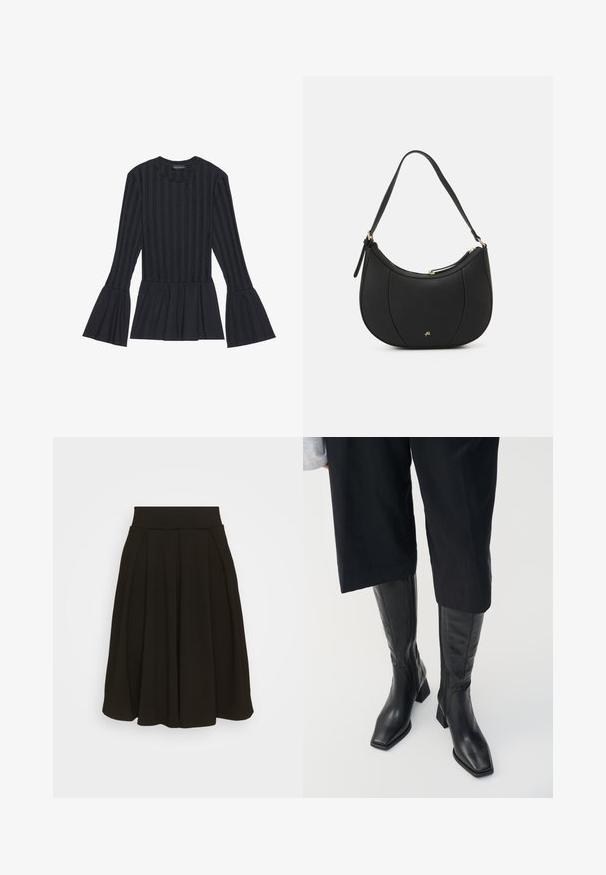 Zwart langärmige top met verticale strepen en uitlopende mouwen. Beschikt over een peplum-silhouet en een zachte, textuurstof.; Zwarte geplooide rok met een brede, elastische tailleband. Gemaakt van een zacht materiaal, met een knielange zoom en een gladde textuur.; Zwarte leren kniehoge laarzen met een vierkante teen en een blokhak. Heeft een ritssluiting aan de zijkant en een gladde textuur.; Zwarte leren handtas met een gebogen vorm, textuuroppervlak, voornaden en een logo in goudkleur. Beschikt over een enkele verstelbare schouderband.