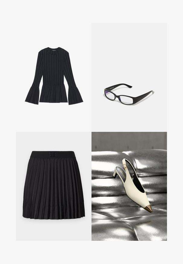 Musta pitkähihainen paita, jossa on pystysuorat raidat ja leveneviä hihoja. Mukana peplum-muotoinen leikkaus ja pehmeä teksturoitu kangas.; Mustat laskostetut hameet, joissa on sileä pinta, kiinteä musta vyötärö ja kohokuvioitu logo edessä.; Valkoinen slingback-mallinen korkokenkä kultaisella teräväkärkisellä kärjellä, esillä kiiltävän hopeanvärisen tuftatun pinnan päällä.; Mustat suorakulmaiset vahvuuslasit, joissa on kirkkaat linssit. Kiiltävä pinta, kapeat sanganvarret ja violetit sävyt näkyvät linssien reunoilla.