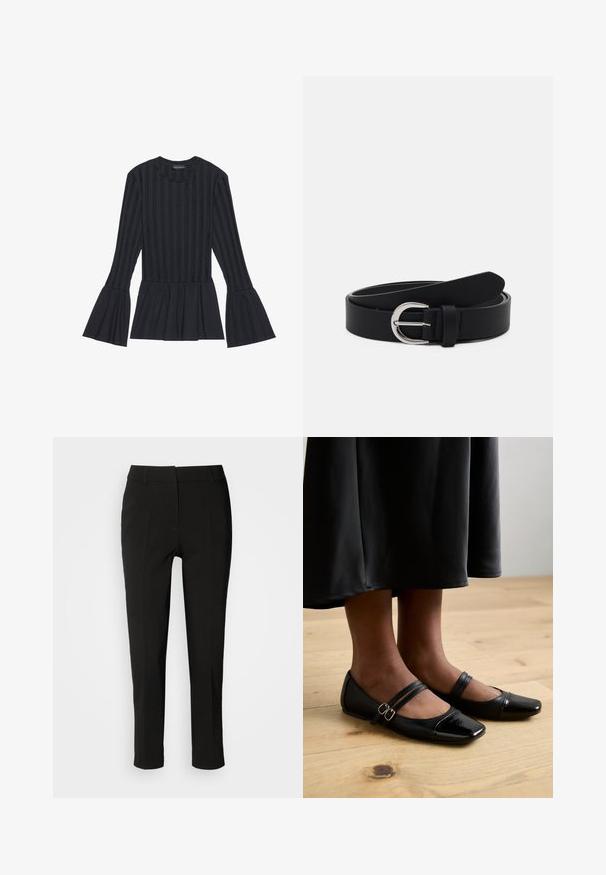 Sort langærmet top med lodrette striber og udvidede ærmer. Har en peplum-silhuet og blødt tekstureret stof.; Sorte skræddersyede bukser med slim fit, flad front og uden synlige lommer, med en glat tekstur og en ren finish ved kanten.; Sorte laklæder flade sko med firkantet tå, der har to stropper med spænder. Sålerne er flade på et lyst trægulv.; Sort læderbælte med en sølv rund spænde, flad design, spids ende, glat tekstur og minimalistisk stil.