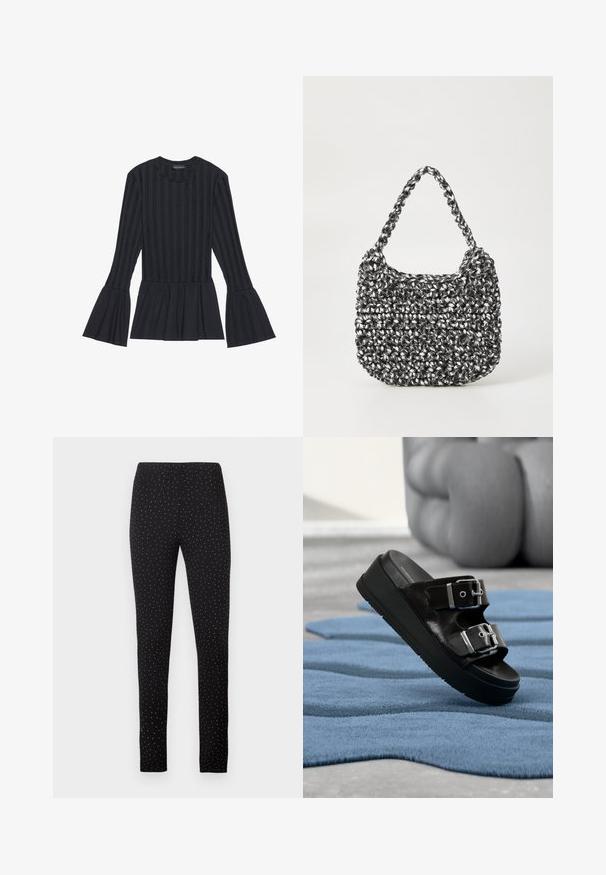 Haut noir à manches longues avec des rayures verticales et des manches évasées. Il présente une silhouette peplum et un tissu doux avec une texture.; Pantalons noirs avec une taille élastique, coupe slim et motif à pois blancs sur l'ensemble. Tissu doux offrant confort et flexibilité.; Sandale noire à glissière avec deux boucles argentées, semelle compensée, posée sur un tapis bleu texturé avec des meubles beiges flous en arrière-plan.; Sac en osier noir et blanc de forme arrondie, avec une surface texturée et une poignée tressée. Convient à un usage décontracté.