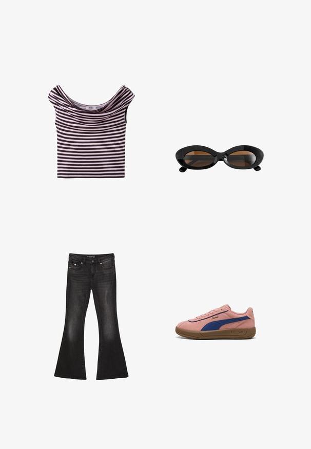 Kort mouw, bootnek cropped top met horizontale zwarte en lichtpaarse strepen plat gelegd op een witte achtergrond.; Zwarte denim flared jeans met een mid-rise taille, voorzien van vijf zakken, contrasterende stiksels en accenten in zilverkleurige hardware.; Lichtroze suède sneakers met een marineblauwe zijstreep, een bruine rubberen zool en gouden logo-accenten op de tong en zij.; Zwarte ovale zonnebril met dikke monturen en bruin getinte lenzen, afgebeeld tegen een witte achtergrond.