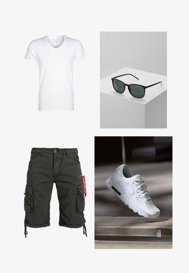 Camiseta blanca de cuello en V hecha de algodón suave. Mangas cortas, ajuste holgado y costuras mínimas. Sin patrones ni gráficos.; Bermudas cargo de color verde oscuro fabricadas con tejido resistente, que cuentan con múltiples bolsillos laterales, un dobladillo con cordón y un acento de etiqueta roja.; Zapatilla Nike Air Max 90 blanca con parte superior de malla y cuero, caja de puntera perforada y unidad de aire visible en el talón.; Gafas de sol rectangulares negras con lentes verde oscuro, que cuentan con un diseño de marco de plástico ligero y acentos plateados en las patillas.