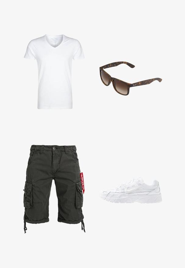 Weißes V-Ausschnitt-T-Shirt aus weichem Baumwollmaterial. Kurze Ärmel, entspannte Passform und minimale Nähte. Keine Muster oder Grafiken vorhanden.; Dunkelgrüne Cargo-Shorts aus strapazierfähigem Material, mit mehreren Seitentaschen, einem Kordelzugsaum und einem roten Etikettakzent.; Nike Sportswear P 6000 - Sneaker low - white/platinum tint; Schildpatt-Sonnenbrille mit braunen Verlaufslinsen, rechteckiger Form, dicken Rahmen und einem silbernen Logo-Akzent an der Seite.