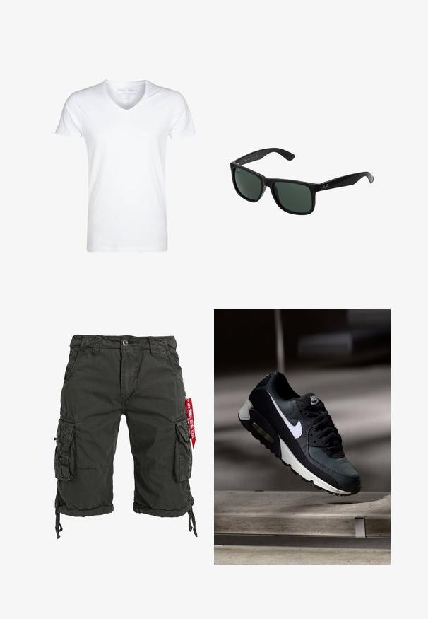 Camiseta blanca de cuello en V hecha de algodón suave. Mangas cortas, ajuste holgado y costuras mínimas. Sin patrones ni gráficos.; Bermudas cargo de color verde oscuro fabricadas con tejido resistente, que cuentan con múltiples bolsillos laterales, un dobladillo con cordón y un acento de etiqueta roja.; Zapatilla Nike Air Max negra y gris con el logo blanco, suspendida sobre una superficie de cemento contra un fondo oscuro y desenfocado.; Gafas de sol de plástico negro con lentes verdes, que cuentan con un marco cuadrado, acabado liso y el prominente logo de Ray-Ban en las patillas.