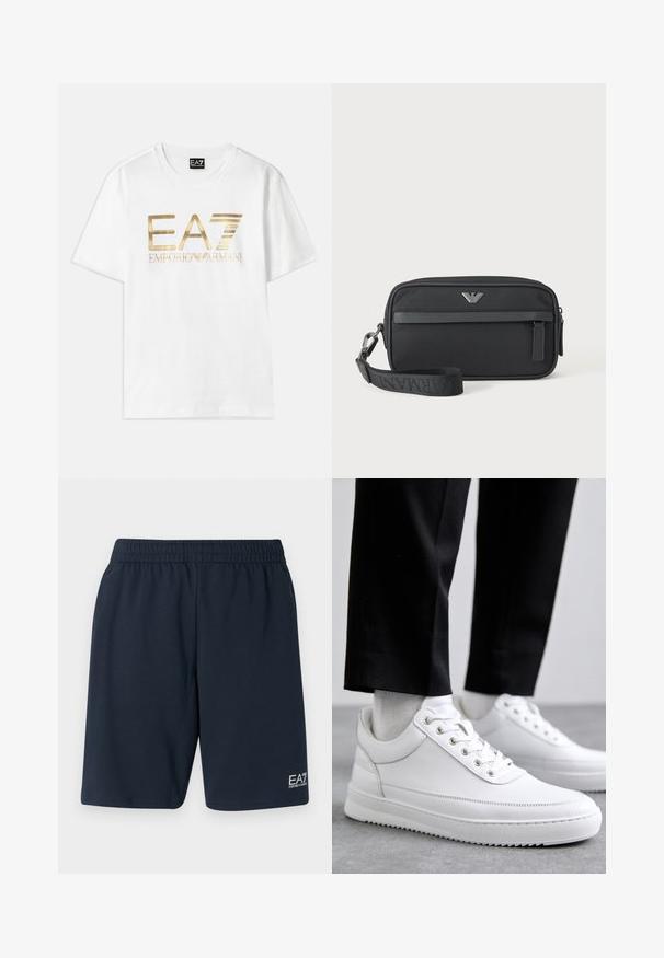 Valge puuvillane T-särk, millel on suur kuldne metallik "EA7" logo ja "EMPORIO ARMANI" tekst allpool, lühikesed varrukad ja ümmargune kaelus.; Tumed sinised elastse vööga lühikesed püksid, mis on valmistatud pehmest kangast ja millel on küljetaskud ning väike valge EA7 logo vasakul alajalgadel.; Valged nahast tennisetossud, millel on lame kummist tallapool, sile viimistlus, ümar varvas ja metallist silmadega paelte jaoks. Kantud mustade pükstega.; Must ristmekujuline käekott ees oleva tõmblukuga tasku, hõbedase logomärgiga ja eemaldatava rihmaga, millel on bränditud tekst.