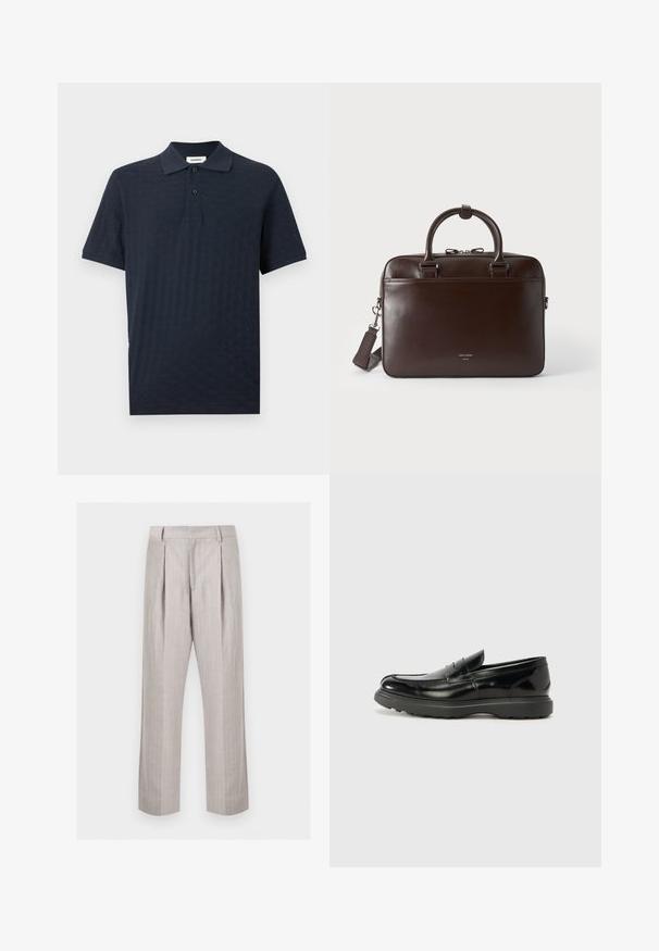 Navy blue short-sleeve polo shirt with subtle textured pattern, two-button placket, and classic collar.; Light gray pinstriped pleated trousers with belt loops and straight legs, displayed on a white background.; Black leather loafer with a glossy finish, rounded toe, subtle stitching details, and a thick rubber sole for durability.; Dark brown leather briefcase with two handles, a detachable shoulder strap, and a small front logo on a plain background.