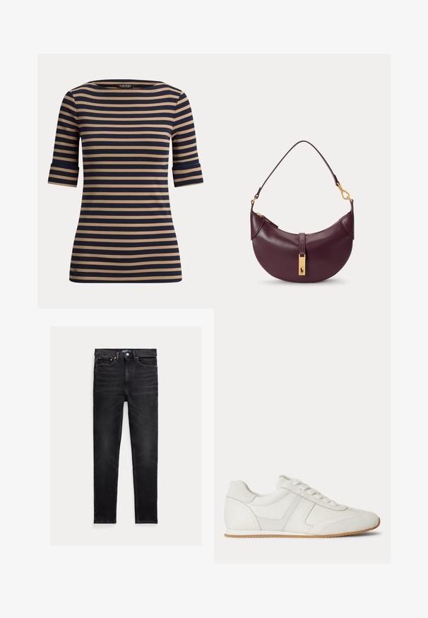 Tričko s krátkym rukávom v námorníckej modrej a béžovej farbe s vodorovnými pruhmi, lodičkovým výstrihom a manžetami na rukávoch.; Čierne slim-fit džínsy s piatimi vreckami, zapínanie na gombík a štítok značky Polo na páse, položené na bielom pozadí.; Biela nízka teniska so šnurovaním vpredu, zsemišovými a koženými panelmi a svetlohnedou gumovou podrážkou na bielom pozadí.; Malá tmavo fialová kožená kabelka cez rameno so zlatým zipsom a zlatou obdĺžnikovou značkou loga na prednom remeni.