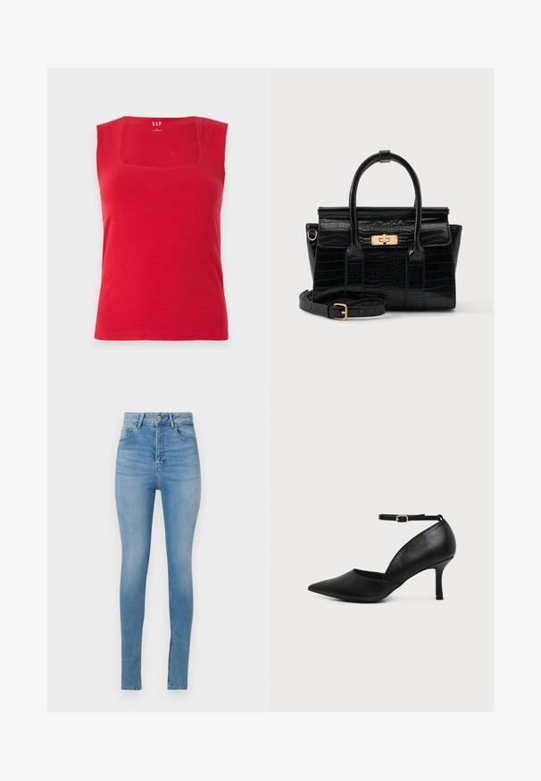 Débardeur rouge en coton avec un décolleté carrée et des bretelles larges. Texture lisse, coupe ajustée et logo de la marque imprimé à l'intérieur.; Jeans skinny taille haute en denim bleu clair. Comprend des passants de ceinture, une fermeture à bouton sur le devant et un design standard à quatre poches.; Chaussure en cuir noir à bout pointu avec talon kitten, bride à la cheville et boucle dorée sur fond neutre.; Sac à main noir à texture crocodile, avec deux poignées, une bandoulière amovible et un fermoir rectangulaire doré sur le rabat avant.