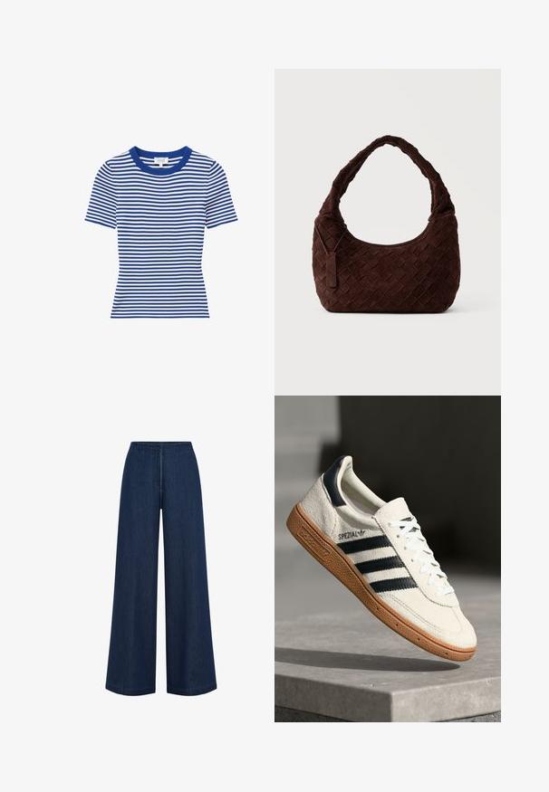 Blauw-wit horizontaal gestreept T-shirt met korte mouwen, een ronde halslijn en een geribde blauwe kraag.; Brede donkerblauwe jeans met een rechte snit, gemaakt van denim. Heeft een hoge tailleband en subtiele naden. Geen zichtbare hardware.; Witte suède sneakers met marineblauwe strepen, rubberen gumzool, gestructureerde bovenkant, ronde neus en veters; heeft branding aan de zijkant en op de tong.; Donkerbruine gevlochten leren schoudertas met een zachte, afgeronde vorm en brede handgreep, met een klein aangehecht leren label.