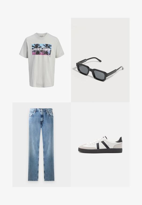Wit T-shirt met korte mouwen met een frontprint van palmbomen in blauwe en roze zonsondergangskleuren, grote JACK & JONES tekst op de borst.; Lichtblauwe denim straight-leg jeans met zakken, koperen nieten en een knoopsluiting. Kenmerkt een vervaagd ontwerp en een schone afwerking.; Witte sneaker met zwarte en grijze accenten, voorzien van een grijze neus met textuur, zwarte rubberen zool en platte witte veters. Schoon ontwerp, minimalistische stijl.; Zwarte rechthoekige zonnebril met dikke monturen en donker getinte glazen, schuin geplaatst op een witte achtergrond.