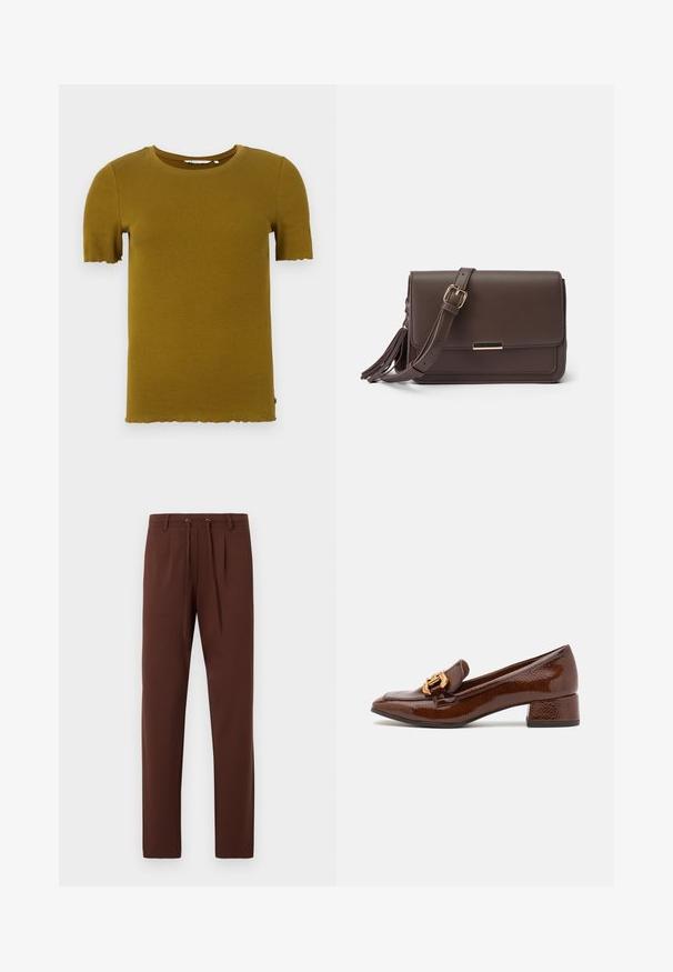 T-shirt à manches courtes côtelé jaune moutarde avec un col rond et un ourlet festonné. Texture douce et design ajusté. Pas de matériel ou de motifs visibles.; Pantalons marron avec un devant plat, des jambes fuselées, une taille à cordon et une texture lisse. Conçus avec deux plis à l'avant pour un plus de détails.; Mocassins en cuir marron avec une finition brillante, dotés d'une boucle décorative en or à l'avant et d'un talon bas. Design classique.; Sac bandoulière en simili cuir marron avec un rabat, quincaillerie dorée et détail de frange sur le côté. Bandoulière ajustable pour un port polyvalent.