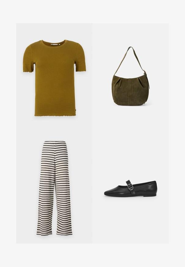 Mosterdgele ribbed short-sleeve t-shirt met een ronde hals en een geschulpte zoom. Zachte textuur en een getailleerd ontwerp. Geen zichtbare hardware of patronen.; Wijde broek in zwart-wit gestreept patroon, met een gestructureerd oppervlak en een elastische tailleband voor comfort.; Zwarte leren platte schoen met een ronde neus, een enkele verstelbare gespsluiting en een gladde, glanzende textuur. Minimalistisch ontwerp met een lage hak.; Schoudertas van olijfgroen suède met één riem, centrale naadvormgeving en een ritssluiting aan de zijkant, tegen een effen lichte achtergrond.