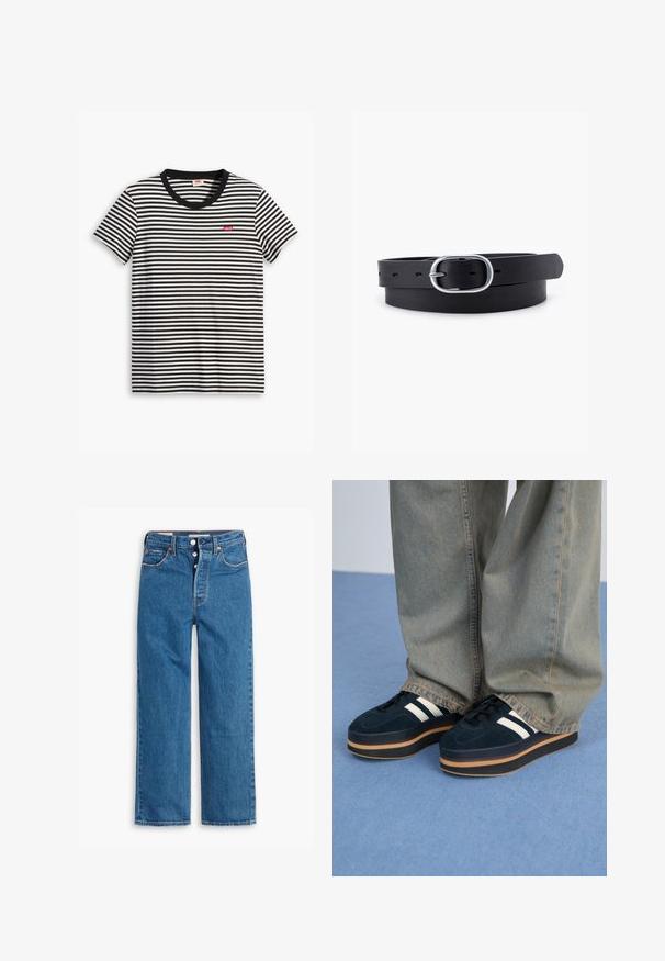 Sort-hvid stribet T-shirt lavet af bomuld. Har en rund halsudskæring og et lille rødt Levi's-logo på brystet. Korte ærmer.; Blå denim lige ben jeans med høj talje, fem lomme design og knaplukning. Markante syninger og kobberfarvede nitter.; Mørkeblå ruskinds-platform sneakers med hvide striber og sorte snørebånd. Har en tyk brun gummisål. Bæres med lyseblå denimbukser.; Sort læderbælte med en glat overflade, oval sølvmetalspænde og flere justeringshuller langs stroppen. Flad, minimalistisk design.