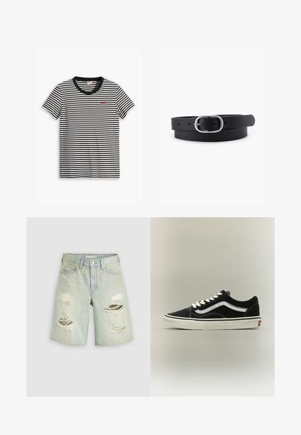 T-shirt à rayures noires et blanches en coton. Il présente un col rond et un petit logo rouge Levi's sur la poitrine. Manches courtes.; Short en denim bleu clair avec plusieurs grandes déchirures usées à l'avant et une fermeture à bouton à la taille.; Baskets basses noires avec lacets blancs, bande latérale blanche et semelle blanche avec marquage rouge au talon, présentées de profil sur un fond neutre.; Ceinture en cuir noir au toucher lisse, boucle en métal argenté de forme ovale et plusieurs trous d'ajustement le long de la sangle. Design plat et minimal.
