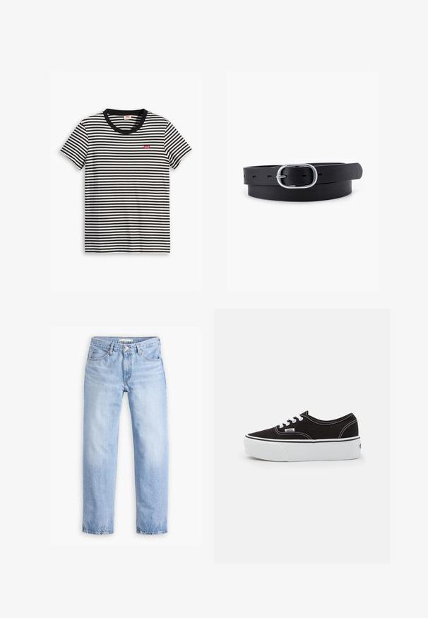 Mustapain valkoisilla raidoilla varustettu puuvillapaita. Siinä on pyöreä kaula-aukko ja pieni punainen Levi's-logo rinnassa. Lyhyet hihat.; Vaaleansininen farkkutakki, jossa on suora lahje, viisi taskua ja keskipituinen vyötärö. Ominaisuuksiin kuuluu haalistunut pinta ja ommeltu helma.; Mustat kankaiset lenkkarit, joissa on valkoinen kuminen platform-pohja, valkoiset kengännauhat ja ompeleet, ikoninen brändimerkintä sivulla, alhainen malli.; Musta nahkavyö, jossa on sileä pinta, soikea hopeanvärinen metalli solki ja useita säätöreikiä hihnassa. Litteä, minimalistinen muotoilu.