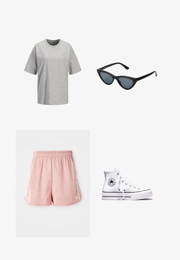 Hellgraues T-Shirt mit kurzen Ärmeln und Rundhalsausschnitt, mit kleinem weißen "JJXX STUDIO"-Logo mittig auf der Brust.; Rosa Sportshorts mit einem elastischen Bund, seitlichen weißen Streifen und einem kleinen Logo auf der unteren linken Vorderseite. Glatte Stofftextur.; Weißer Converse Chuck Taylor All Star High-Top-Sneaker mit schwarzen Streifen und Logo-Patch an der Seite, präsentiert vor einem schlichten weißen Hintergrund.; Schwarze Cat-Eye-Sonnenbrille mit dunkelgrauen Gläsern, schlankem Kunststoffrahmen, spitzen Ecken und geraden Bügeln. Keine sichtbaren Befestigungen oder Akzente.