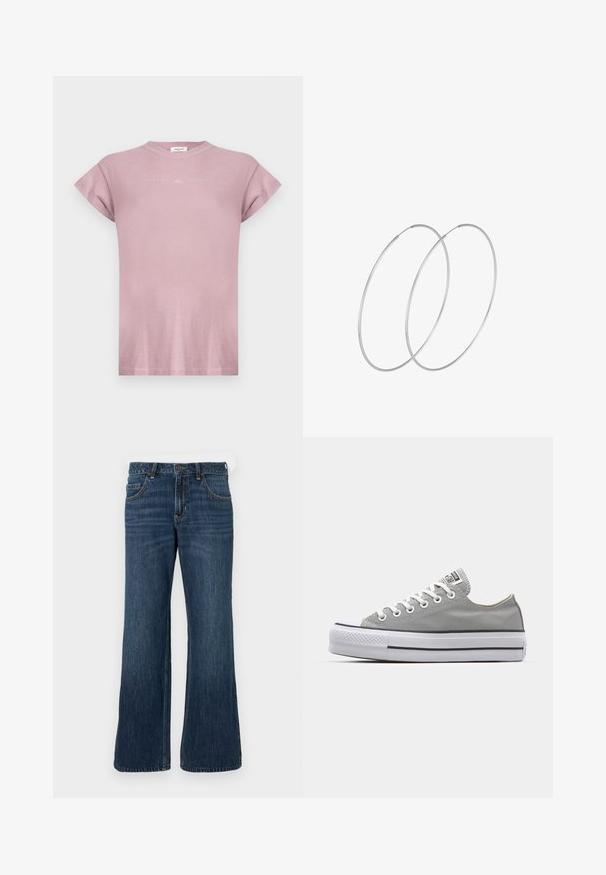 Licht mauve t-shirt met korte mouwen, omgeslagen manchetten en subtiele "REPLAY" logo tekst op de borst.; Donkerblauwe wijde jeans met klassiek ontwerp met vijf zakken, voorzien van een knoopsluiting en subtiele vervaging. Gemaakt van denimstof.; Grijze canvas sneakers met witte veters, rubberen neuspunt en een dikke, witte rubberen zool met twee zwarte strepen aan de zijkant.; Zilveren hoepel oorbellen met een minimalistisch ontwerp. Cirkelvormig, gladde textuur en dun profiel. Lichtgewicht met een gepolijste afwerking.