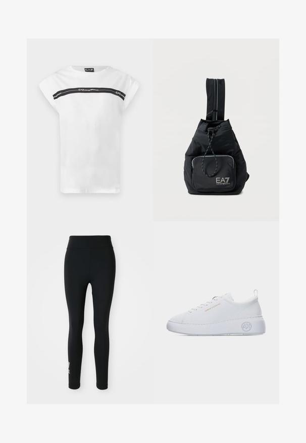 Hvid T-shirt med korte ærmer med sort vandret stribe over brystet med "EA7 Emporio Armani" branding.; Sorte leggings lavet af strækbart stof, med en høj talje og et lille trykt logo på det ene ben. Glat tekstur, tætsiddende design.; Hvid lavt snøret sneaker med tyk sål, guld "Armani Exchange" tekst på siden og "AX" logo præget på hælområdet.; Sort Emporio Armani EA7 skuldertaske med lynlåslomme foran og justerbar enkeltrem på hvid baggrund.