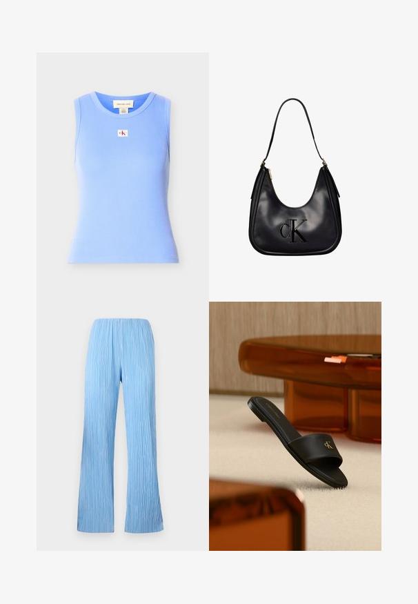 Ærmeløs lyseblå ribstrikket tanktop med rund halsudskæring og lille Calvin Klein Jeans logopatch centreret på brystet.; Lysblå plisserede bukser med bred ben-design, der har lodrette striber og et elastisk taljebånd for komfort. Glat, letvægtsstof.; Sort Calvin Klein slip-in sandal med gyldent logo, hvilende på et beige tæppe, i nærheden af et gennemsigtigt ravfarvet bord med stabel af bøger.; Sort skuldertaske i læder med gulddetaljer, med et fremhævet "cK"-logo foran og en enkelt rem til at bære den.