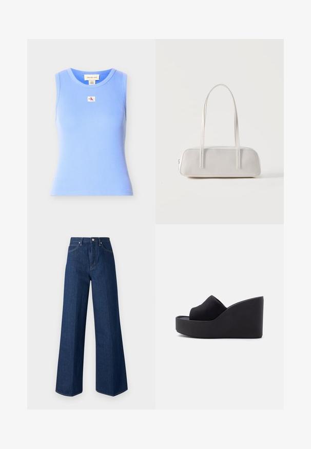 Bezrukávové svetlomodré rebrované tielko s okrúhlym výstrihom a malou nášivkou s logom Calvin Klein Jeans v strede na hrudi.; Džínsy s širokými nohavicami v tmavomodrom denime, ktoré majú klasický dizajn s piatimi vreckami, viditeľné švy a zapínanie na gombíky.; Čierna platformová šmykľavá sandála na klinovom podpätku so zatvorenou špičkou a látkovým zvrškom na vysokom, pevnom podklade na svetlom jednoduchom pozadí.; Biela obdĺžniková ramenná taška s dlhými tenkými remienkami, minimálnym prešívaním a zatváraním na zips na jednoduchom pozadí.