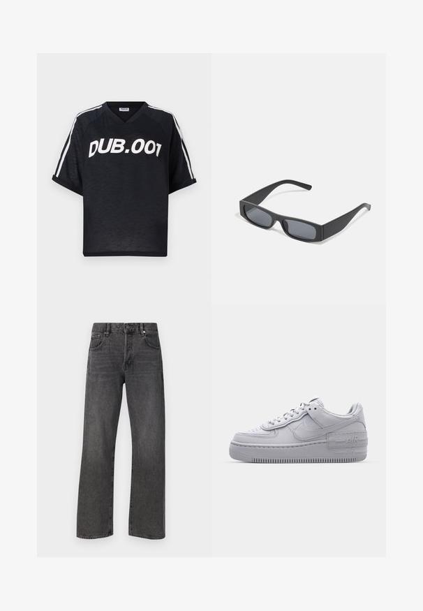 Must mustriga T-särk V-kaelusega, millel on valge "DUB.001" tekst ja valged triibud varrukatel. Sile tekstuur.; Mustad denim püksid sirge lõikega, millel on klassikaline viie-tasku stiil ja nähtav õmblus õmbluste ääres.; Hallitus hallid Nike Air Force 1 sneakerid, millel on augustatud varvas, siledast nahast ülemine osa, paks tall ning reljeefne 'AIR' detail kontsapadjal.; Mustad ristkülikukujulised prillid tumepruunide objektiividega ja paksude mattmustade raamidega. Raamide varred on veidi kitsenenud ja neil on sile tekstuur.