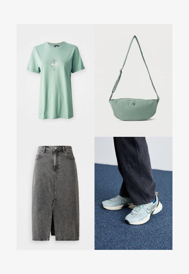 T-shirt en coton vert clair avec des manches courtes retroussées, présentant un graphisme central d'une plante dans un pot rond, avec un logo sur le bas à l'avant.; Jupe midi en denim noir délavé, taille haute, avec fente frontale, passants de ceinture et design classique à cinq poches.; Baskets Nike en maille bleu clair avec une finition texturée, un swoosh noir et une semelle intermédiaire crème, associées à un pantalon large gris foncé.; Sac bandoulière en tissu vert clair avec sangle réglable et petit logo métallique à l'avant, présenté sur un fond blanc uni.