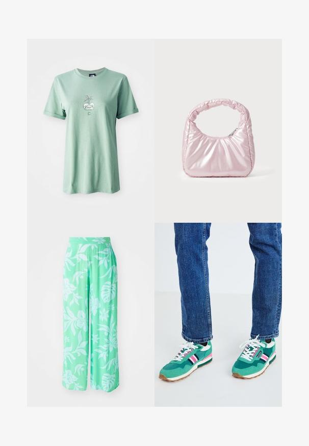Lichtgroene katoenen t-shirt met korte opgerolde mouwen, met een centrale grafiek van een plant in een ronde pot, logo op de onderzijde aan de voorkant.; Lichtgroene wijde broek met een witte bloemenprint. Gemaakt van een textuurstof, met een elastische tailleband en een losse pasvorm.; Groene sportsneakers met witte en marineblauwe accenten, roze streepdetails en een gestructureerde stof. Geveterd met witte veters; rubberen zool.; Roze, gevoerde handtas met een afgeronde vorm, gemaakt van glanzend materiaal. Beschikt over een geplooide handgreep en een ritssluiting voor veilige toegang.