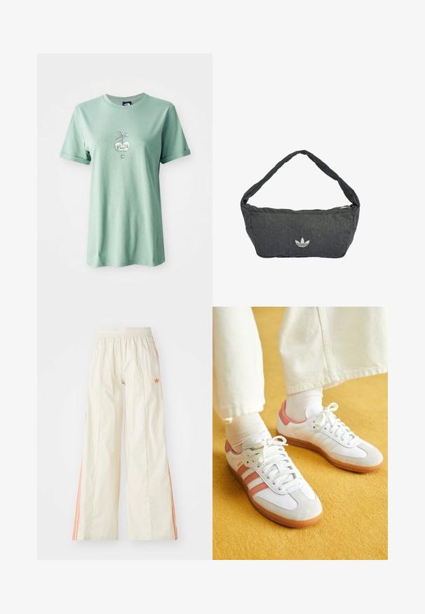 T-shirt en coton vert clair avec des manches courtes retroussées, présentant un graphisme central d'une plante dans un pot rond, avec un logo sur le bas à l'avant.; Pantalons larges de couleur crème avec une taille élastique, présentant des rayures latérales orange et un petit logo orange à l'avant.; Baskets blanches avec des accents roses, en matériaux de daim et de cuir, à bout rond et semelle en caoutchouc, présentées avec des chaussettes claires sur un fond jaune.; Sac à épaule gris foncé en tissu texturé, doté d'une fermeture éclair et d'un logo brodé sur le devant. Bandoulière longue et incurvée.