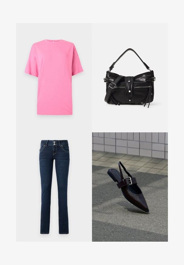 Klar pink oversized T-shirt med korte ærmer og rund hals, sænket skulder, mod en ensartet lys grå baggrund.; Mørkeblå skinny jeans med dobbeltknaplukning, frontlommer og gule syninger på hvid baggrund.; Mørkebrune flade slingback-sko med spids tå, bred rem og stor sølvspænde på asfalt nær flisebelagt væg.; Even&Odd H24462 - Håndtasker - black