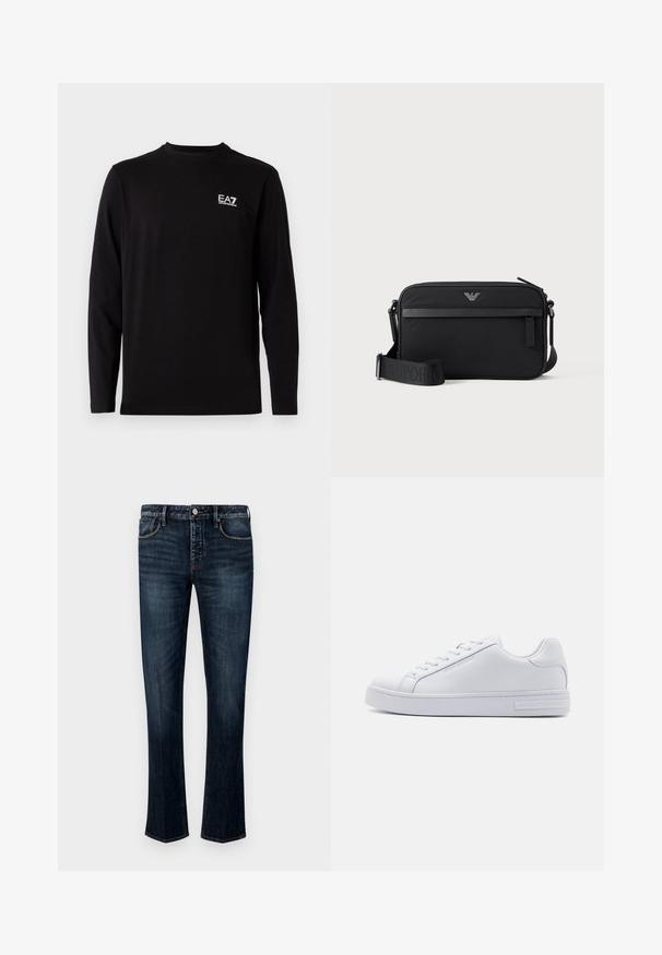 Zwarte lange mouwen shirt gemaakt van zacht materiaal. Bevat een klein wit logo op de linkerkant van de borst. Eenvoudige, ronde halslijn en rechte snit.; Donkerblauwe denim jeans met een recht model, voorzien van een vijf-pocketstijl, zichtbare stiksels en een knoop- en ritssluiting.; Witte leren sneaker met een soepele textuur, ronde neus, vetersluiting aan de voorkant en platte rubberen zool. Voorzien van reliëfbranding op de hak.; Zwarte rechthoekige crossbodytas met voorvak met rits, verstelbare schouderriem en klein metalen logo bovenaan in het midden.