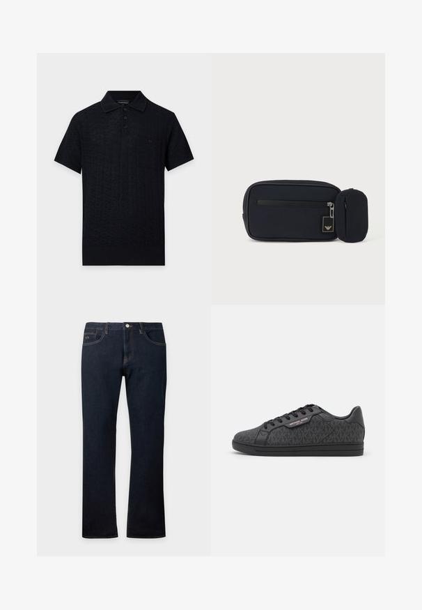 Sort kortærmet strikket poloshirt med tekstureret mønster, trekantsknapper, ribbet krave og kant samt en lille brystlomme med knap.; Mørkeblå denimjeans med lige ben, for- og baglommer, synlige syninger og knaplukning i taljen.; Sorte sneakers med en tekstureret stofoverdel med et subtilt MK-mønster, sorte læderdetaljer og en sort gummisål.; Sort rektangulær pung med frontlynlås og lille tilknyttet rundet pung mod en ensartet lys baggrund.