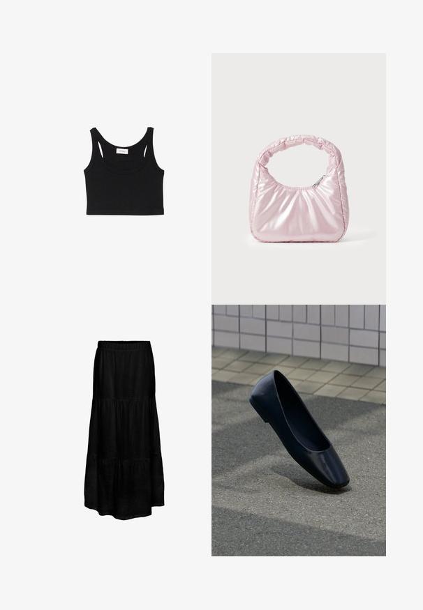 Sort ribbet cropped tanktop med brede skulderstropper og rund halsudskæring, lagt fladt på en hvid baggrund.; Sort, lagdelt maxiskirt med elastisk talje, fremstillet af et letvægtsstof, der har en tekstureret overflade og en flydende silhuet.; Sort læder flad sko, stående opret på en asfaltbelægning nær en flisebelagt fortovskant.; Rosa, polstret håndtaske med afrundet design, lavet af skinnende materiale. Har et samlet håndtag og en lynlås til sikker adgang.