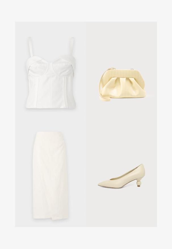 Witte cropped bralette met verstelbare bandjes, zachte stof, gestructureerde en vrouwelijke top, gebogen halslijn en zijnaden voor definitie.; Witte knie-lange rok van lichtgewicht stof, met een wrapsdesign en een zachte, gestructureerde oppervlakte. Eenvoudige, strakke lijnen zonder versieringen.; Dames schoen in roomkleur met een puntige neus en een lage, ronde balvormige hak op een effen achtergrond.; Crème-kleurige leren clutch met een gestructureerd bovenframe en polsbandje, weergegeven tegen een effen lichte achtergrond.