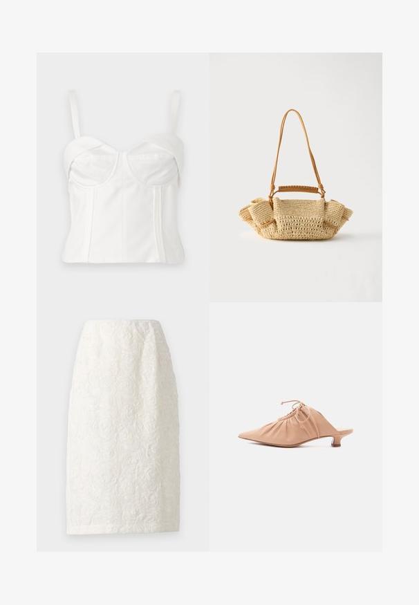 Hvid cropped bralette med justerbare stropper, blødt stof, struktureret krop, buet halsudskæring og sidesømme for definition.; Knelang hvid nederdel med et tekstureret blomstermønster, der har hævede rosedesigns og en subtil glans. Enkel, lige silhuet.; Beige dames mule i læder med spids tå, rynket overdel, snøre og lav kittenhæl på hvid baggrund.; Vævet beige håndtaske med en lang tynd strop og opsamlede sider, med et kort håndtag indpakket i læder til forskellige bære muligheder.
