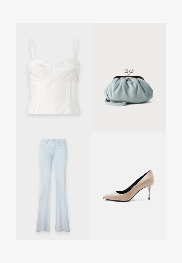 Bralette blanca cortada con tirantes ajustables, tejido suave, cuerpo estructurado, escote curvado y costuras laterales para definición.; Jeans acampanados de color azul claro hechos de mezclilla. Incluyen cierre con botón, cinco bolsillos y costuras sutiles. Textura suave y piernas anchas.; Zapato de tacón alto con punta puntiaguda de charol beige, tacón de aguja delgado y forro interior negro sobre fondo blanco.; Pequeño monedero de cuero azul claro con cierre metálico plateado tipo kiss-lock y correa corta para la muñeca sobre un fondo liso.