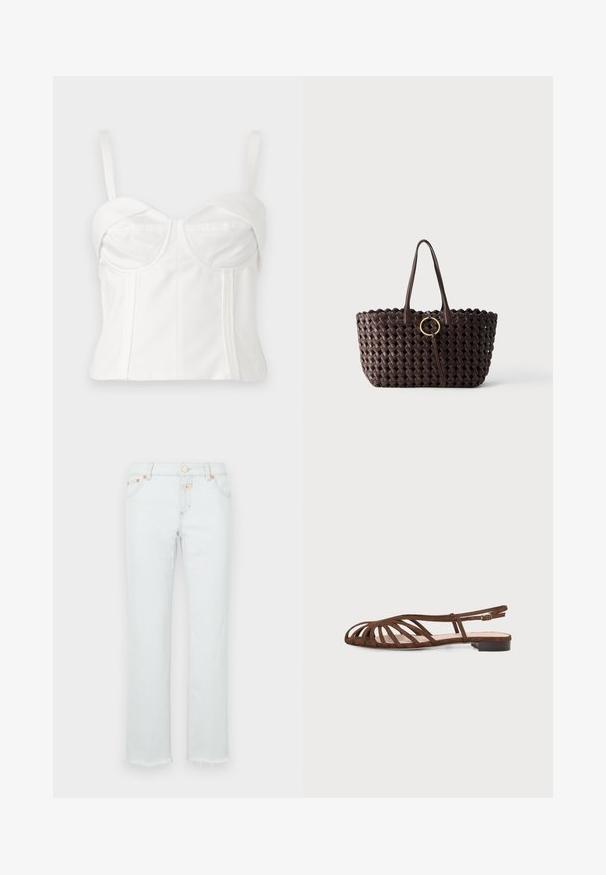 Hvid cropped bralette med justerbare stropper, blødt stof, struktureret krop, buet halsudskæring og sidesømme for definition.; Lyse denimbukser med lige ben, der har en frynset kant, kobberhardware og en fem-lomme design.; Brun flad sandal med flere tynde remme og en lille spænde ved anklen på en lys baggrund.; Mørkebrun flettet tote taske med to håndtag og en gylden cirkulær spænde detalje i midten mod en ensfarvet baggrund.