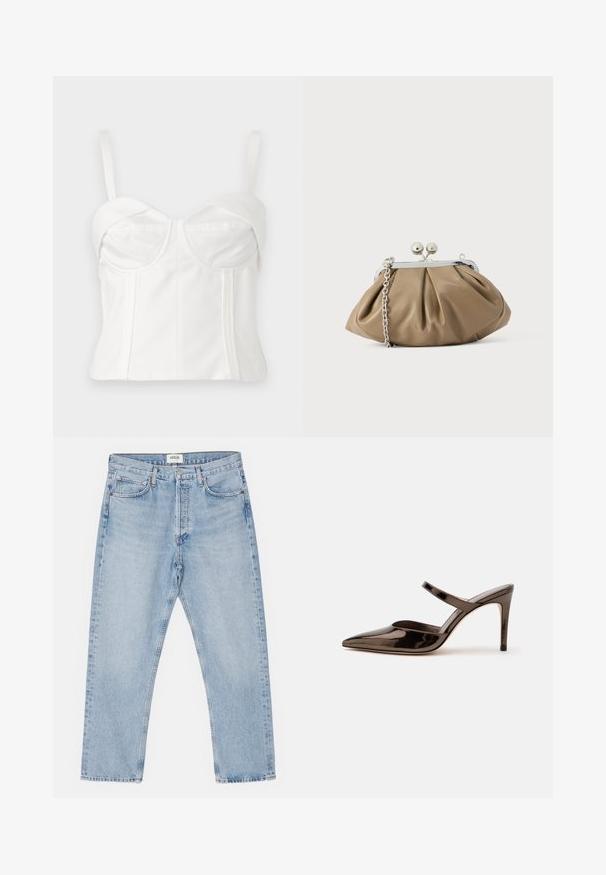 Witte cropped bralette met verstelbare bandjes, zachte stof, gestructureerde en vrouwelijke top, gebogen halslijn en zijnaden voor definitie.; Lichtblauwe denim jeans met een klassieke rechte pasvorm, vijf zakken en een knoopsluiting, met subtiele vervaging en een stevige textuur.; G glanzende donkerbruine mule met spitsen neus en hoge hak met een smalle band over de wreef op een effen witte achtergrond.; Leren clutch in zacht beige met een afgeronde vorm, geplooide textuur, zilveren kiss-lock sluiting en een afneembare kettingriem.