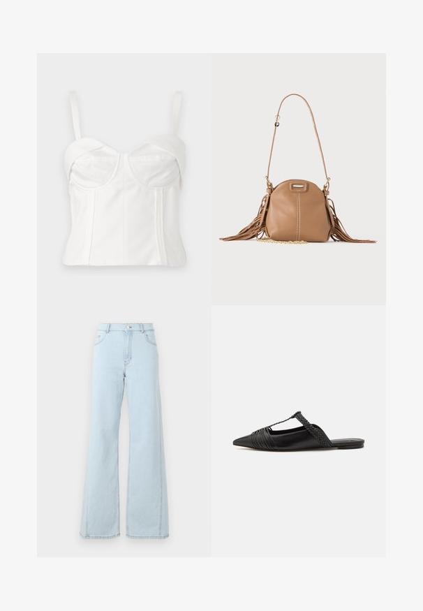 Valge lühendatud bralette reguleeritavate rihmadega, pehme kangaga, struktureeritud bodice'i, rõngaskaeluse ja külgõmblustega, mis annavad vormi.; Heledad sinine denimist laiad püksid kõrge vöökohaga, esikotid ja nähtavad õmblused niitide ja äärte peal.; Must kuulsad nahast kandadega kingad, millel on terav nina, koos kootud detaili ja volditud ülaosaga. Lame tald minimaalse riistvaraga.; Väike tan-nahast õlakott pika rihma, kuldse ketiga detaili ja mõlemal küljel tuttidega, neutraalse taustaga.