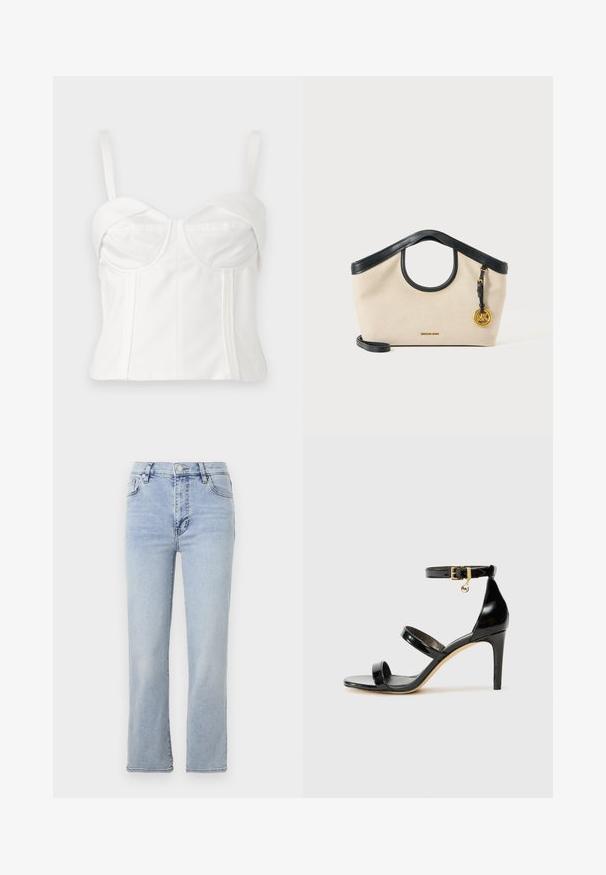 Weiße, verkürzte Bralette mit verstellbaren Trägern, weichem Stoff, tailliertem Oberteil, abgerundetem Ausschnitt und Seitennähten für eine definierte Silhouette.; Hellblaue Jeans aus Denim mit geradem Bein, fünf Taschen, einem Knopf- und Reißverschluss sowie sichtbaren Nahtdetails.; Schwarze Lackleder-Sandale mit drei Riemen, Knöchelriemen und 10 cm hohen Stiletto-Absatz. Verfügt über goldfarbene Hardware-Details und ein Logo-Charm.; Beige Stoffhandtasche mit schwarzem Lederbesatz, rundem Griffausschnitt, schwarzem Riemen und goldenem rundem MK-Logocharm auf der rechten Seite.