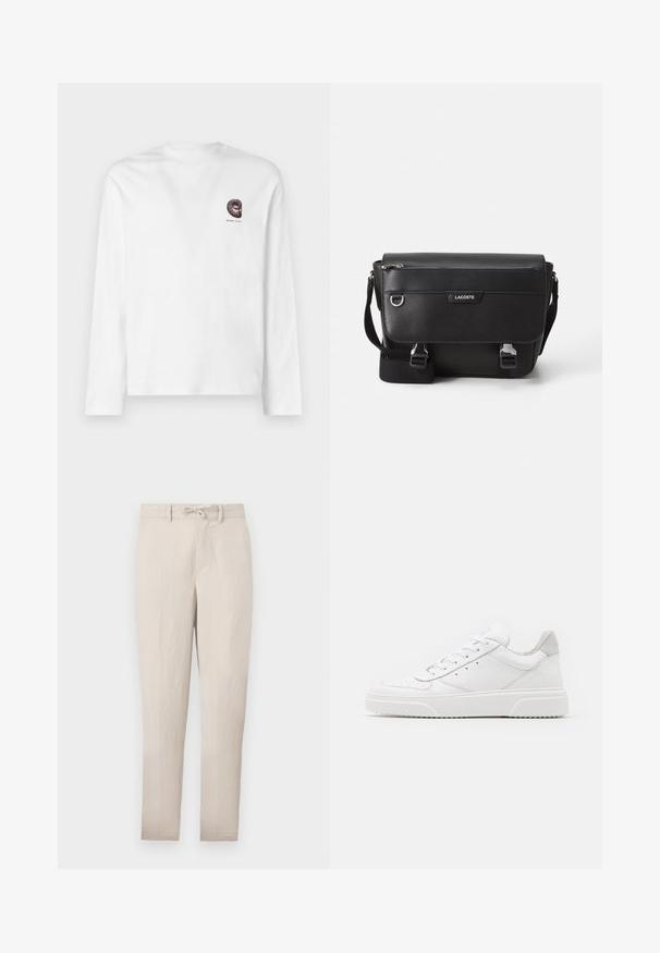 T-shirt manches longues blanche en coton. Présente un petit design graphique marron foncé sur la poitrine. Encolure ronde classique et coupe droite.; Pantalons taper beige légers avec taille à cordon, devant plat et peu de plis. Comprend des passants de ceinture et des poches latérales.; Des baskets en cuir blanc avec une finition lisse, un bout rond, des lacets plats et une semelle texturée. Accents en daim gris au niveau du talon.; Sac messager Lacoste noir texturé avec bandoulière ajustable, rabat avant, poche zippée et fermetures à boucle en métal.