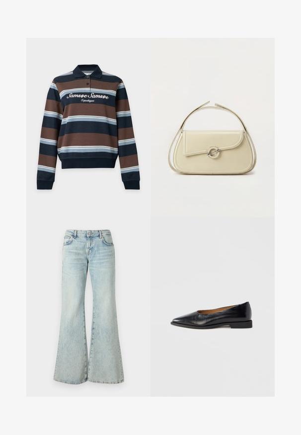 Polo met lange mouwen met marineblauwe, bruine en lichtblauwe horizontale strepen en "Samsøe Samsøe Copenhagen" geborduurd op de borst.; Lichtblauwe flared jeans van denim, met een hoge taille, zakken en rafelige zomen. De stof heeft een vervaagde wassing en een subtiele textuur.; Zwarte leren platte schoen met een puntige neus en een lage, vierkante hak. Gladde textuur, minimalistisch ontwerp, zonder zichtbare sieraden of patronen.; Crème leren handtas met gebogen klep, ronde zilveren sluiting en korte bovenste handgreep op een effen witte achtergrond.