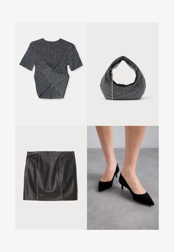 Top de punto gris de manga corta con un patrón texturizado, que presenta un diseño superpuesto en la parte posterior y un clásico cuello redondo.; Falda de cuero negra con detalles de paneles cosidos, silueta recta y textura suave. Diseño minimalista sin herrajes.; Zapatos de tacón de ante negro con punta afilada y un tacón medio delgado y clásico, presentados sobre pies descalzos contra un fondo gris.; Bolso de malla negra adornado con tachuelas plateadas, con un asa curvada y una correa de cadena. Textura suave con forma redondeada.